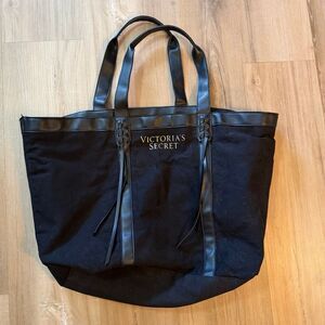 Victorias Secret Large Black Suede Canvas Tote Bag 2000s Glam Preppy Mallcore